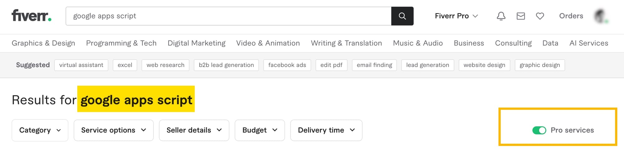 Search for Google Apps Script on Fiverr and tic the box for "Pro services."