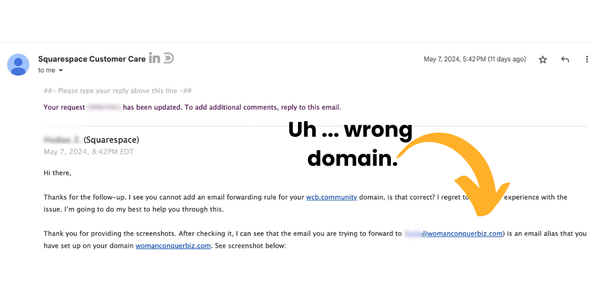 Squarespace Domains customer service referring to the wrong domain.