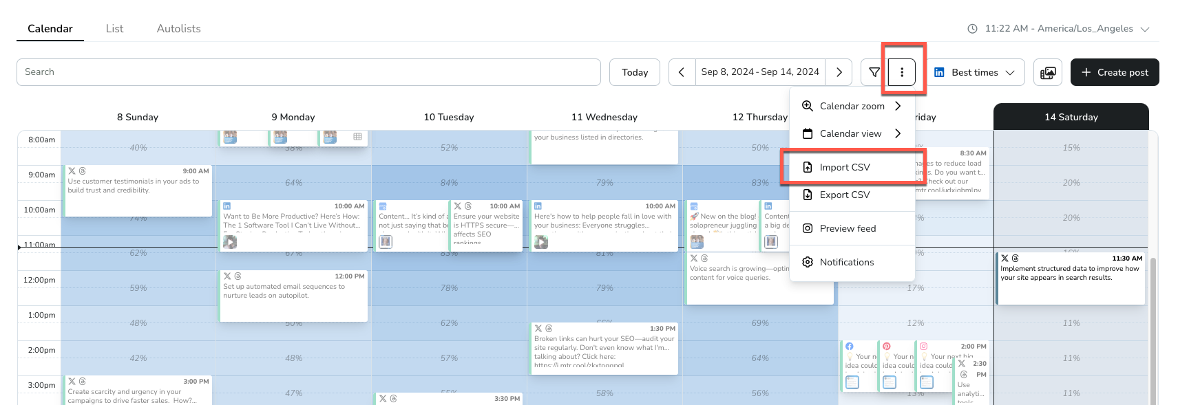 View of where to bulk import posts via CSV inside Metricool.