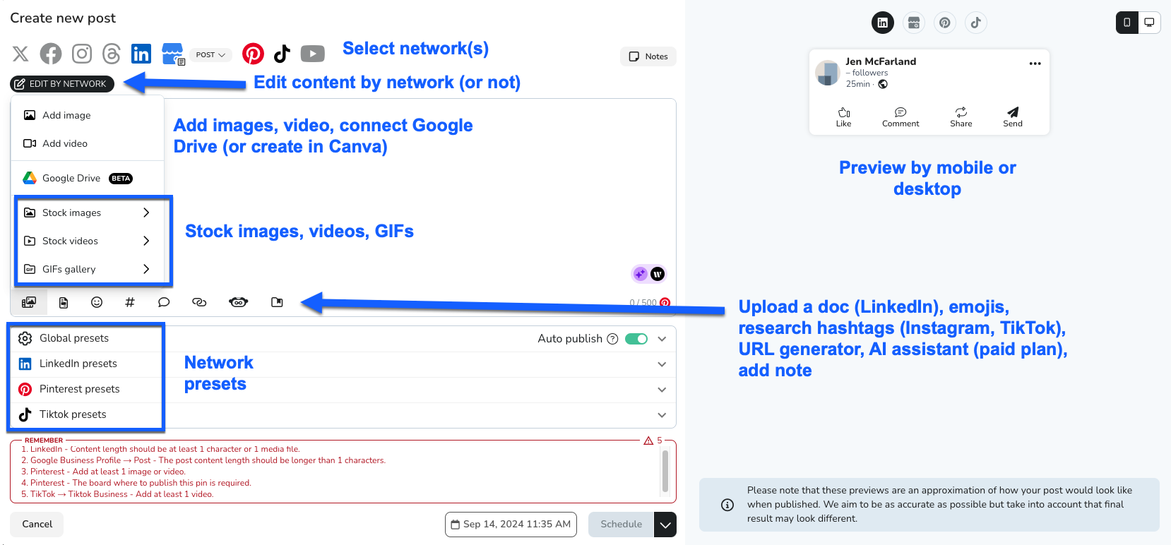 Metricool's all-in-one scheduling window, with features highlighted.