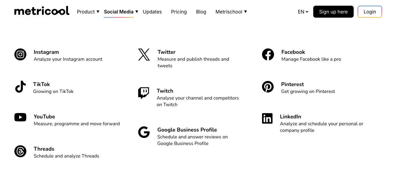 Metricool social media platforms: Instagram, TikTok, YouTube, Threads, X, Twitch, Google Business Profile, Facebook, Pinterest, LinkedIn.