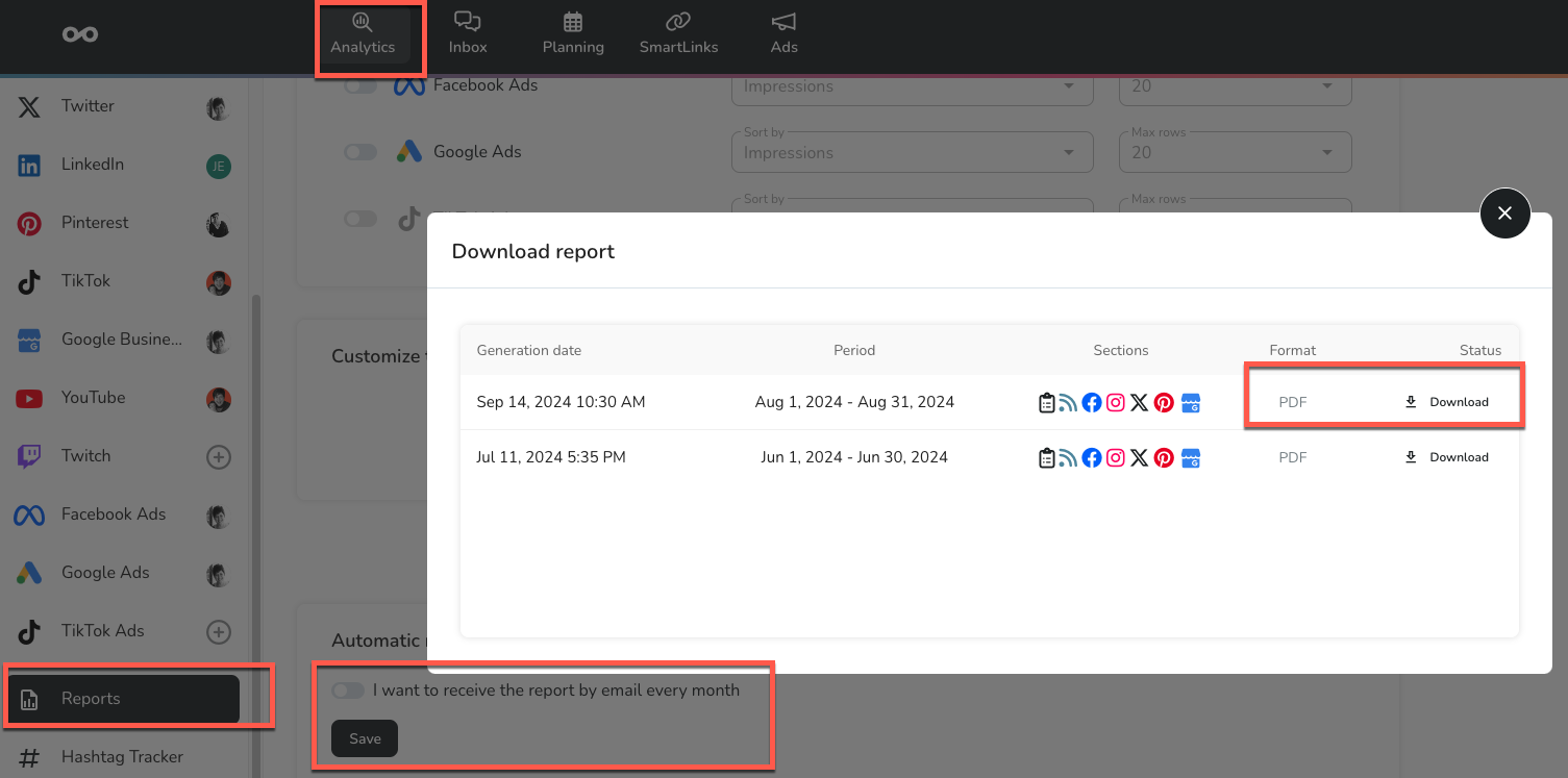 Metricool makes it easy to create, download or send analytics reports. 