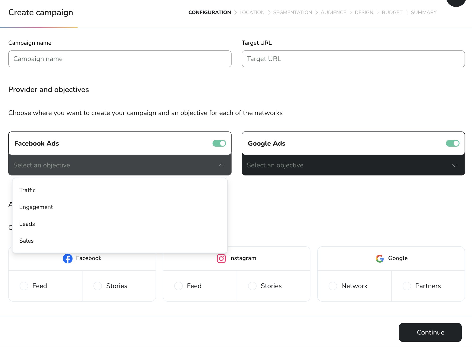 Metricool's unified ads creation interface. In this example, you can schedule to Facebook, Intagram, and Google At the same time. 